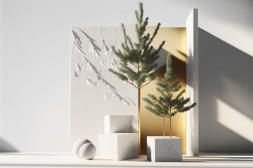 Pastel white and gold rock modern futuristic stone podium and product pedestal. Small conifer bonsai tree, sandy soft color, sharp shadow. 3D Illustration. Generative AI.