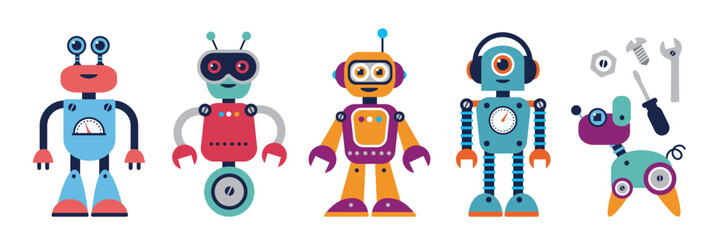 Set of cute cartoon robots in flat style. Colorful kid cyborgs, retro, futuristic modern bots, smiling characters. Isolated vector illustration in cartoon style. 