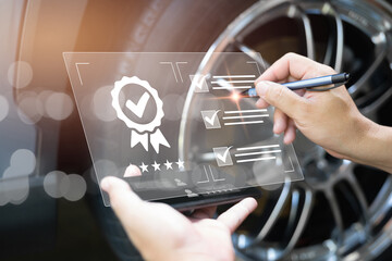 Customer Satisfaction Guarantee concept on virtual screens, Employees check the conditions of quality assurance of car service  with digital document on smartphone modern work car service