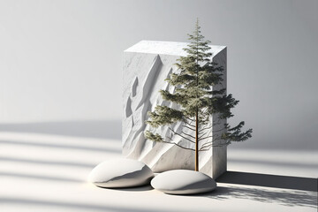 Pastel white rock modern futuristic stone podium and product pedestal. Small conifer bonsai tree, sandy soft color. 3D Illustration. Generative AI.