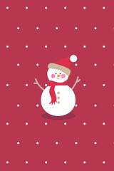 Merry Christmas postcard with cute character snowman in scarf and hat flat style. Happy winter holiday concept on red background with white spots	

