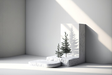 Pastel white rock modern futuristic stone podium and product pedestal. Small conifer bonsai tree, sandy soft color. 3D Illustration. Generative AI.
