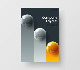 Bright 3D spheres company brochure concept. Abstract magazine cover vector design template.