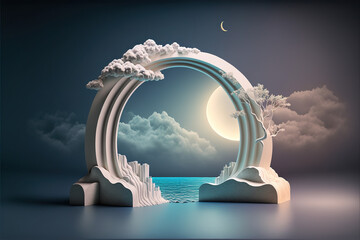 Fairy tales, children podium and product pedestal under the round arch for falling asleep. A night under the stars and the moon. 3D Illustration. Generative AI.