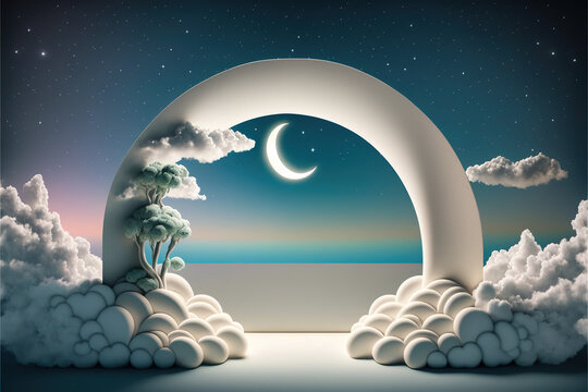 Fairy tales, children podium and product pedestal under the round arch for falling asleep. A night under the stars and the moon. 3D Illustration. Generative AI.