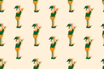 Fototapeta na wymiar Seamless pattern with elf in a green suit, boots with pompoms and a cap with a pipe in his hands. Santa Claus's assistant. Print for wallpaper and bed linen.Sain Patricks day concept.