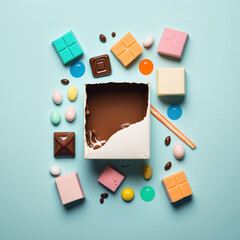 Delicious flat lay snacks, sweets, candies, chocolates and cookies. Delicious illustration  dessert on a pastel blue background. The diet ends, it's time for a tasty snack. Generative AI.