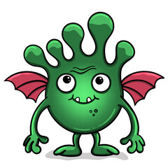 A round green monster with pink wings. Cute isolated alien. Cute microbe.