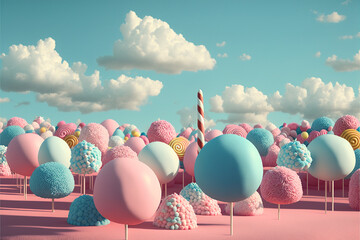 A colorful pastel land of delicious, tasty sweets and candies. Sugar wool, pink and blue marshmallow illustration 3d design from dreams. Generative AI.