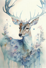 Winter portrait of a young deer drawn with water colors, watercolor technique. Beautiful, snowy, abstract animal on a white background. Generative AI.
