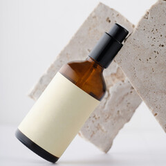 Brown glass bottle with a pump for cosmetics. Beige empty label. Against the background of...