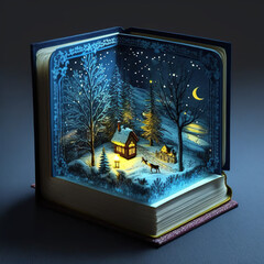 A book of fairy tales from which comes Christmas fantasy and the story of a small village during the holidays. Illustration of a children's gift. Generative AI.