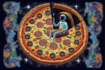 Fototapeta na wymiar Buddhist astronaught meditating in space with psychodelic pizza - trippy weird illustration - generative ai