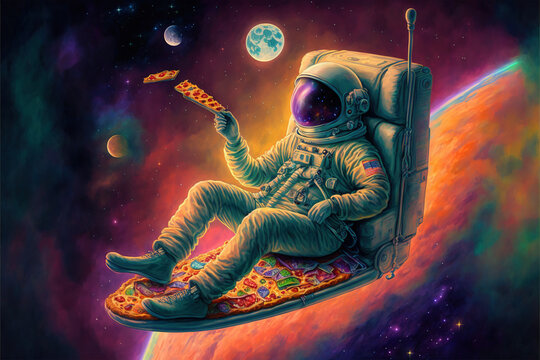 Buddhist Astronaught Meditating In Space With Psychodelic Pizza - Trippy Weird Illustration - Generative Ai