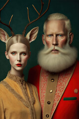 Illustrated family portrait of an elegant man in red suit and woman in vintage yellow dress with deer antlers. Retro atmosphere, abstract concept. A contemporary, modern background. Generative AI.