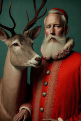 Illustrated family portrait of an elegant man in red suit and deer with big antlers. Vintage atmosphere, abstract concept. A contemporary, modern retro green background. Generative AI.