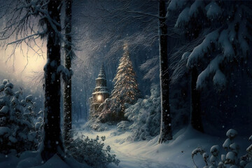 Winter nights outside the city in mountains and conifer dense forests covered with snow. Christmas Illustration landscape background. Holiday happiness. Generative AI.
