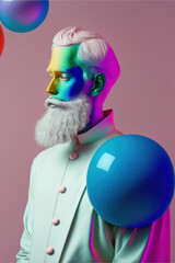 Naklejka premium Pop art style portrait of a modern man with a white beard in an elegant suit. Cyber ​​neon lights. Futuristic cyberpunk illustration, Generative AI.
