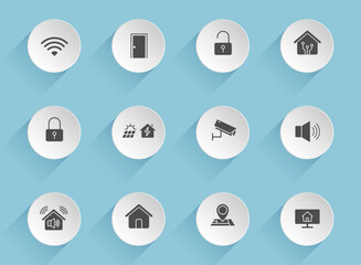 smart home vector icons on round puffy paper circles with transparent shadows on blue background. smart home stock vector icons for web, mobile and user interface design
