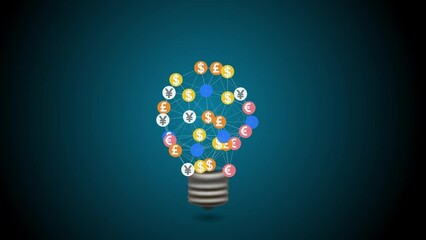 Dollor sign on blue background,loop animation,shinny and glowing particles,economy and money concept background. Dollar euro pound icons connected by a network in the form of a light bulb