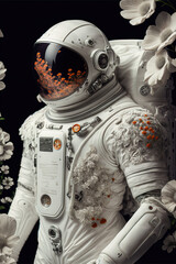 Futuristic white alien warrior astronaut robot in cyber suit and helmet made of fresh Spring flowers, mask portrait. Conquering galaxies and space. A fictional 3d character, Generative AI.
