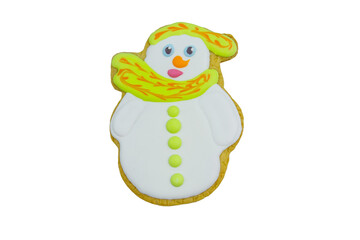 Christmas gingerbread cookie made in shape of snowman isolated on white background