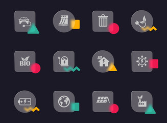 ecology glass morphism trendy style icons. ecology transparent glass vector icons with color memphis figures. for web and ui design, mobile apps and promo business advertising
