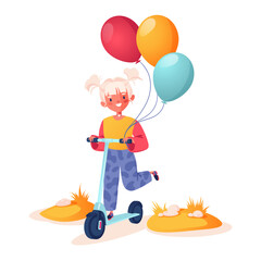 Little girl riding scooter, holding colorful balloons in her hand. Cheerful child vector character in cartoon style. Cheerful pastime, a walk in the street, nature, active lifestyle, happy childhood