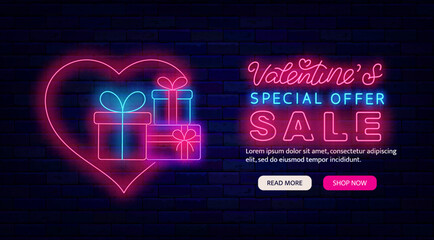 Valentines special offer Sale neon flyer promotion. Website landing page. February marketing. Vector stock illustration