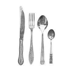 Set of vintage flatware kitchen utensils isolated - 553014324