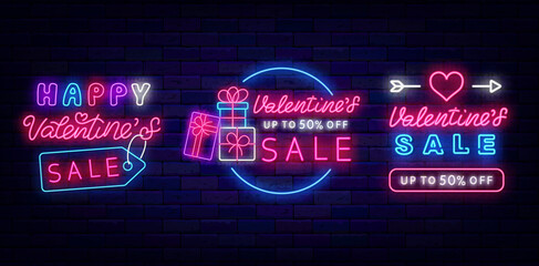 Obraz premium Happy Valentines Day Sale neon signs collection. Presents, heart with cupid arrow icons. Vector stock illustration