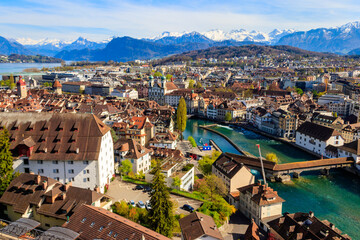 View of the Reuss river and old town of Lucerne (Luzern) city, Switzerland. View from above