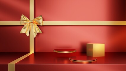 gold podium on red gift backdrop, 3D Render