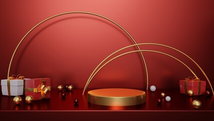 Gold podium with geometric element and gift box ,3D Render