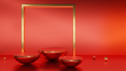 haft sphere podium on red background, 3D Render
