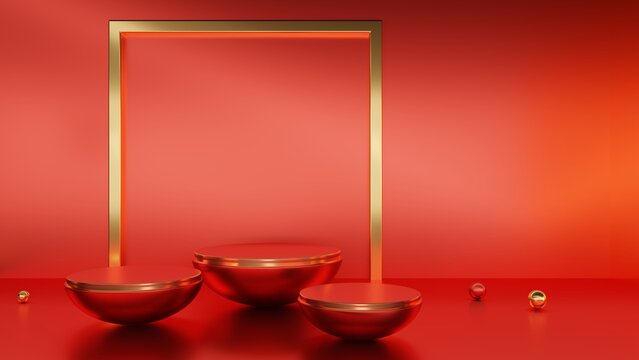 haft sphere podium on red background, 3D Render
