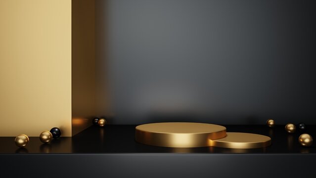 gold podium on black background, 3D Render