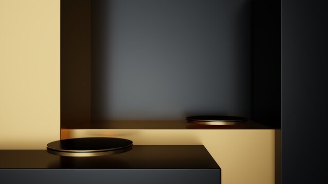 gold podium on black background, 3D Render