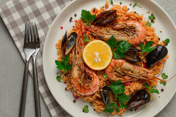 Seafood paella, shrimp and mussels risotto, rice, homemade, top view, no people,