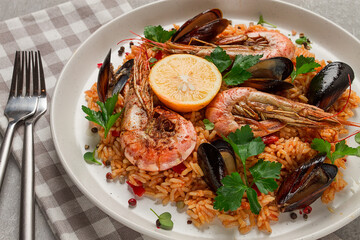 Seafood paella, shrimp and mussels risotto, rice, homemade, top view, no people,