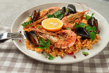 Seafood paella, shrimp and mussels risotto, rice, homemade, top view, no people,