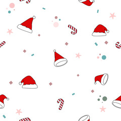 Santa Claus hat snow candy cane snowflake scarf isolated. Gift wrap paper doodle design. Christmas pattern vector.