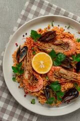 Seafood paella, shrimp and mussels risotto, rice, homemade, top view, no people,