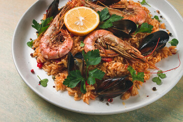Seafood paella, shrimp and mussels risotto, rice, homemade, top view, no people,