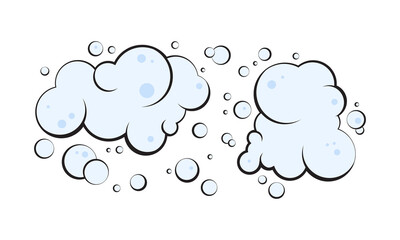 Cartoon foam, smoke pop, soap or gas cloud vector icon, blue water bubble set hand drawn, shampoo suds isolated on white background. Fun illustration