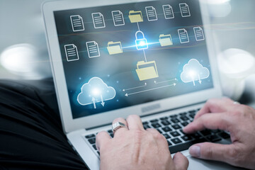 Cloud technology and Data storage concept, Concept of Exchange information and data with internet cloud technology.FTP(File Transfer Protocol) files receiver. File sharing isometric.rring documents