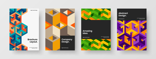 Simple geometric pattern handbill concept composition. Vivid annual report design vector layout set.