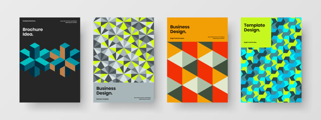 Clean geometric hexagons postcard illustration composition. Trendy corporate brochure A4 design vector template bundle.