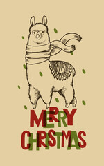 Merry Christmas Lama. Cute Lama in scarf flying in the wind. Vintage Christmas illustration. © Handdraw