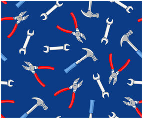 Pliers, hammer, wrench, workshop and auto repair shop, seamless vector background, pattern. Repair, repairing, tools and mechanical, graphic and vector design